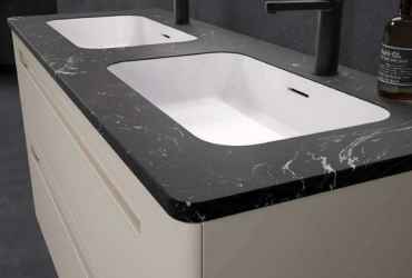 MEUBLE PARIS SUSPENDU 2 TIROIRS + PLAN EN PIERRE RECONSTITUEE COMPACTE 2 VASQUES
